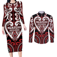 Custom Aotearoa Ngapuhi Couples Matching Long Sleeve Bodycon Dress and Long Sleeve Button Shirt Maori Tribal Pattern LT05 Red - Polynesian Pride