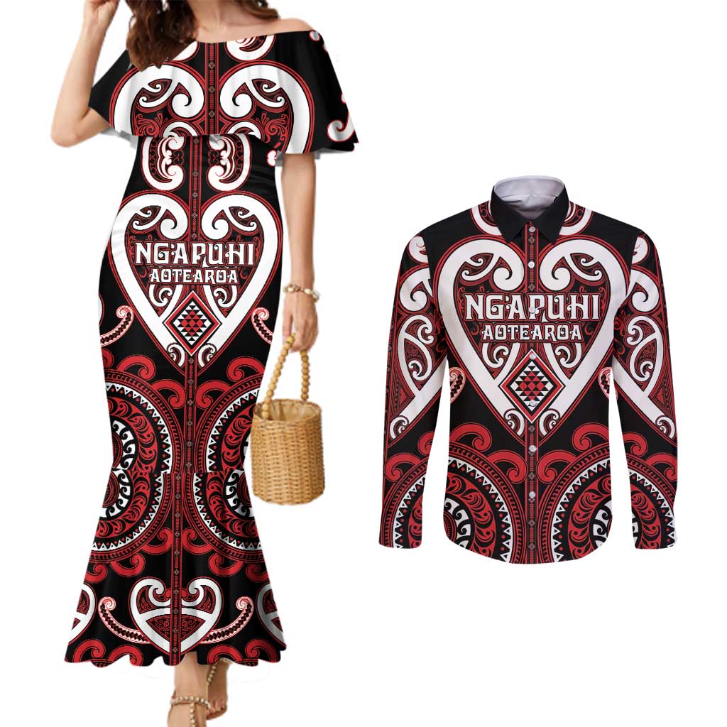 Custom Aotearoa Ngapuhi Couples Matching Mermaid Dress and Long Sleeve Button Shirt Maori Tribal Pattern LT05 Red - Polynesian Pride
