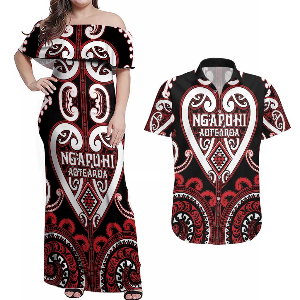 Custom Aotearoa Ngapuhi Couples Matching Off Shoulder Maxi Dress and Hawaiian Shirt Maori Tribal Pattern LT05 Red - Polynesian Pride