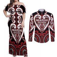 Custom Aotearoa Ngapuhi Couples Matching Off Shoulder Maxi Dress and Long Sleeve Button Shirt Maori Tribal Pattern LT05 Red - Polynesian Pride