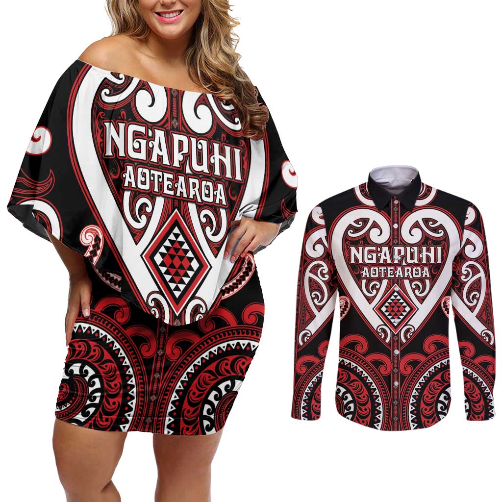 Custom Aotearoa Ngapuhi Couples Matching Off Shoulder Short Dress and Long Sleeve Button Shirt Maori Tribal Pattern LT05 Red - Polynesian Pride
