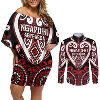Custom Aotearoa Ngapuhi Couples Matching Off Shoulder Short Dress and Long Sleeve Button Shirt Maori Tribal Pattern LT05 Red - Polynesian Pride