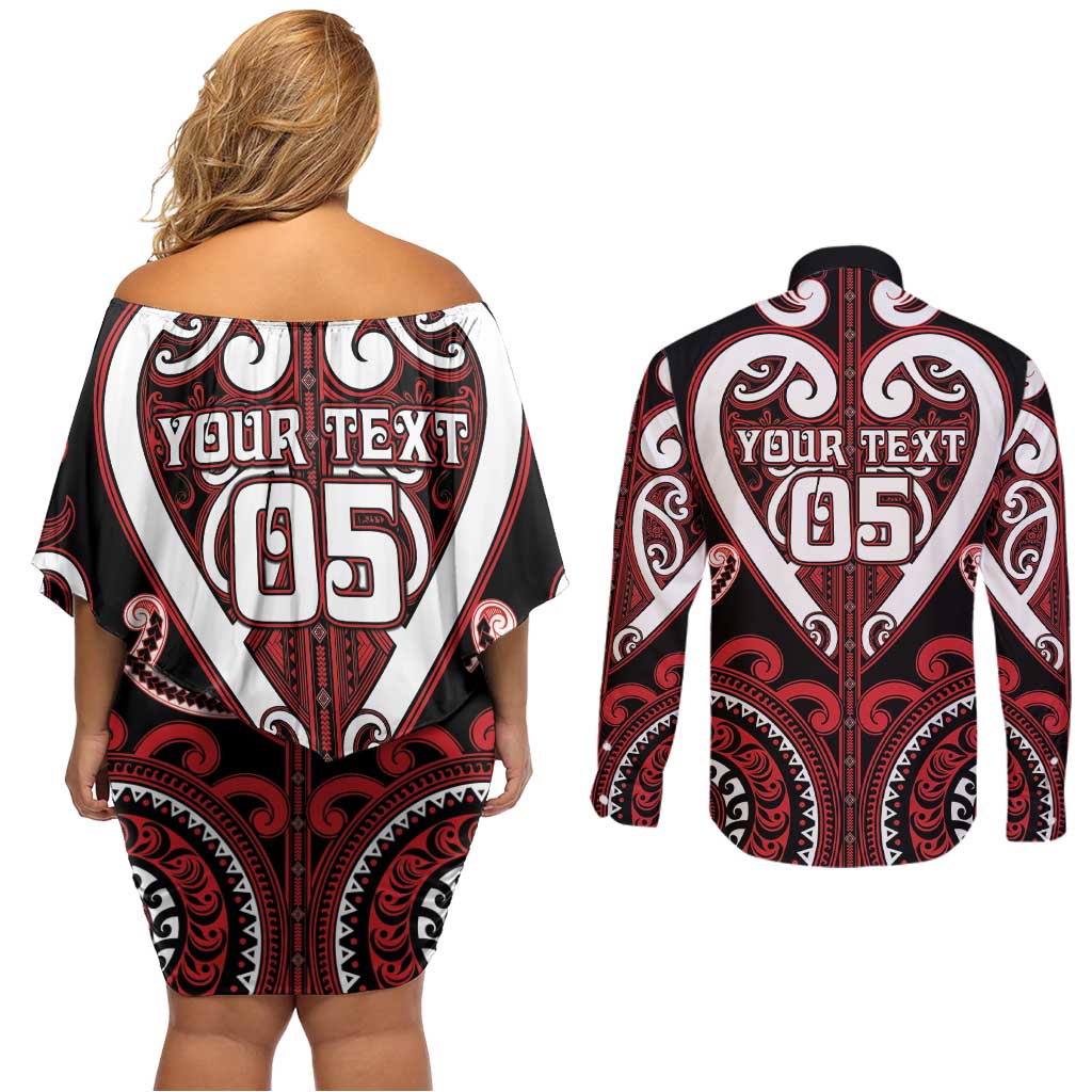 Custom Aotearoa Ngapuhi Couples Matching Off Shoulder Short Dress and Long Sleeve Button Shirt Maori Tribal Pattern LT05 - Polynesian Pride