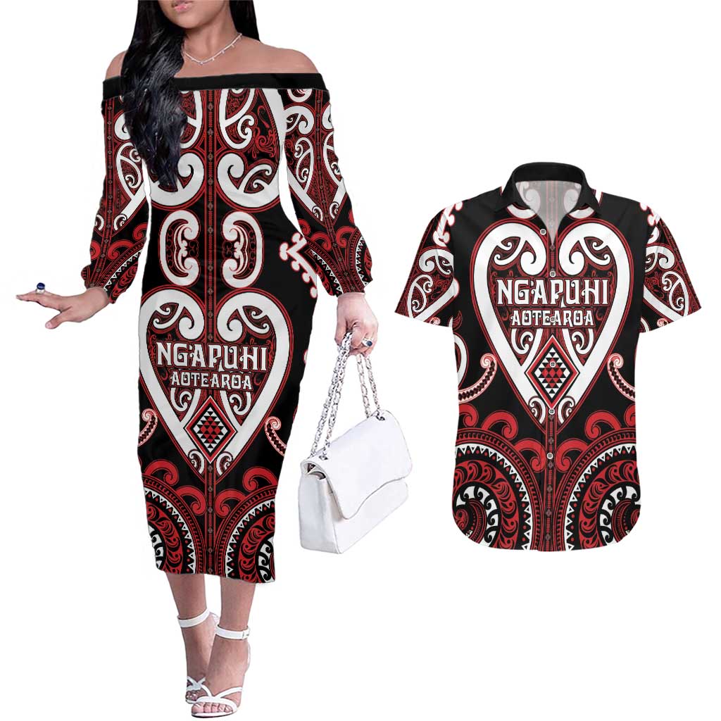 Custom Aotearoa Ngapuhi Couples Matching Off The Shoulder Long Sleeve Dress and Hawaiian Shirt Maori Tribal Pattern LT05 Red - Polynesian Pride