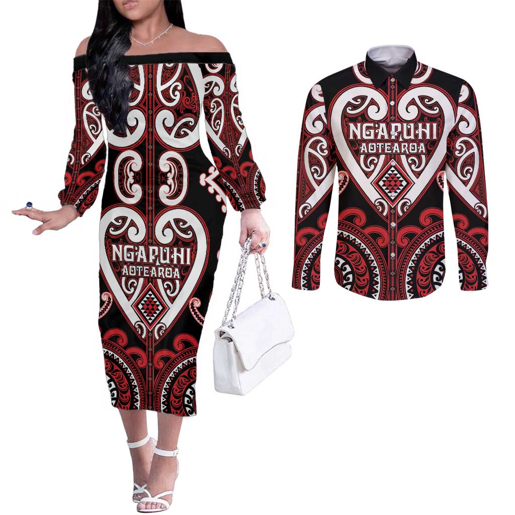 Custom Aotearoa Ngapuhi Couples Matching Off The Shoulder Long Sleeve Dress and Long Sleeve Button Shirt Maori Tribal Pattern LT05 Red - Polynesian Pride