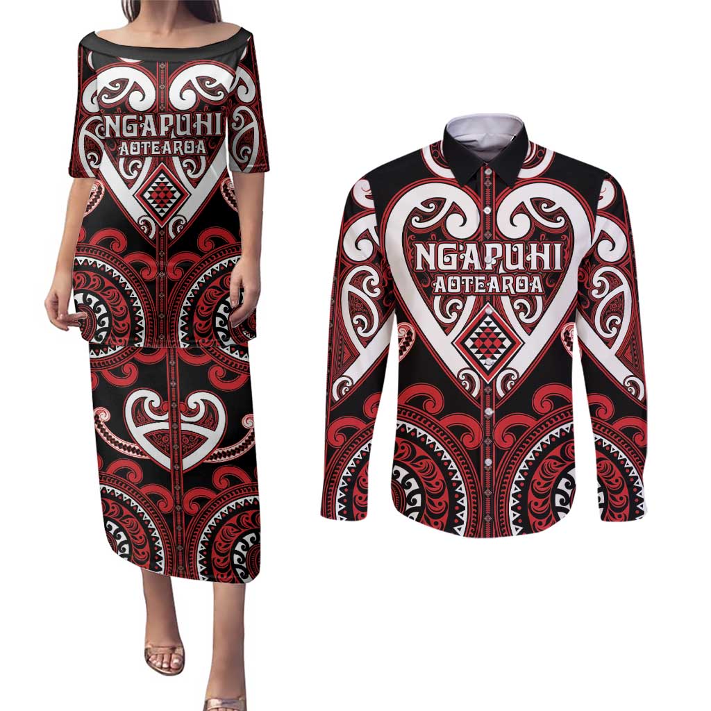Custom Aotearoa Ngapuhi Couples Matching Puletasi and Long Sleeve Button Shirt Maori Tribal Pattern LT05 Red - Polynesian Pride