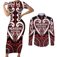 Custom Aotearoa Ngapuhi Couples Matching Short Sleeve Bodycon Dress and Long Sleeve Button Shirt Maori Tribal Pattern LT05 Red - Polynesian Pride