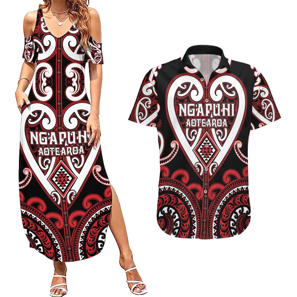 Custom Aotearoa Ngapuhi Couples Matching Summer Maxi Dress and Hawaiian Shirt Maori Tribal Pattern LT05 Red - Polynesian Pride