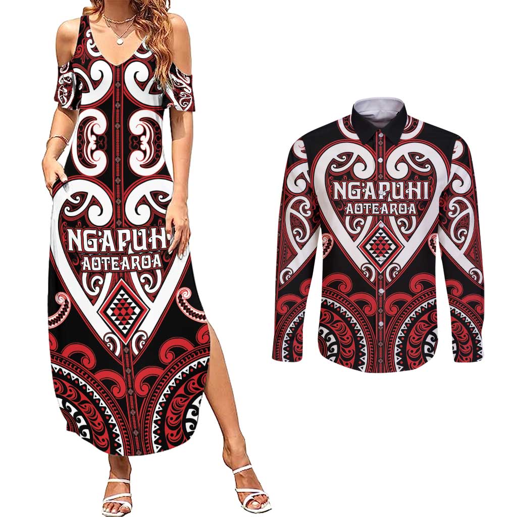 Custom Aotearoa Ngapuhi Couples Matching Summer Maxi Dress and Long Sleeve Button Shirt Maori Tribal Pattern LT05 Red - Polynesian Pride