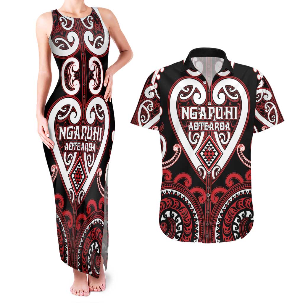 Custom Aotearoa Ngapuhi Couples Matching Tank Maxi Dress and Hawaiian Shirt Maori Tribal Pattern LT05 Red - Polynesian Pride