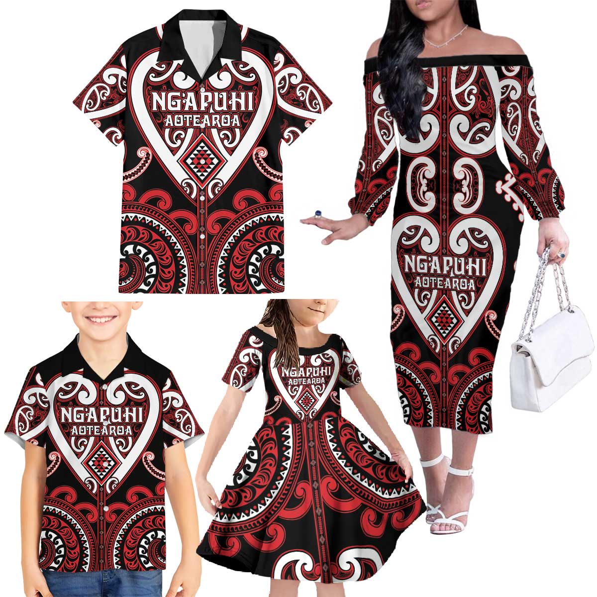 Custom Aotearoa Ngapuhi Family Matching Off The Shoulder Long Sleeve Dress and Hawaiian Shirt Maori Tribal Pattern LT05 - Polynesian Pride