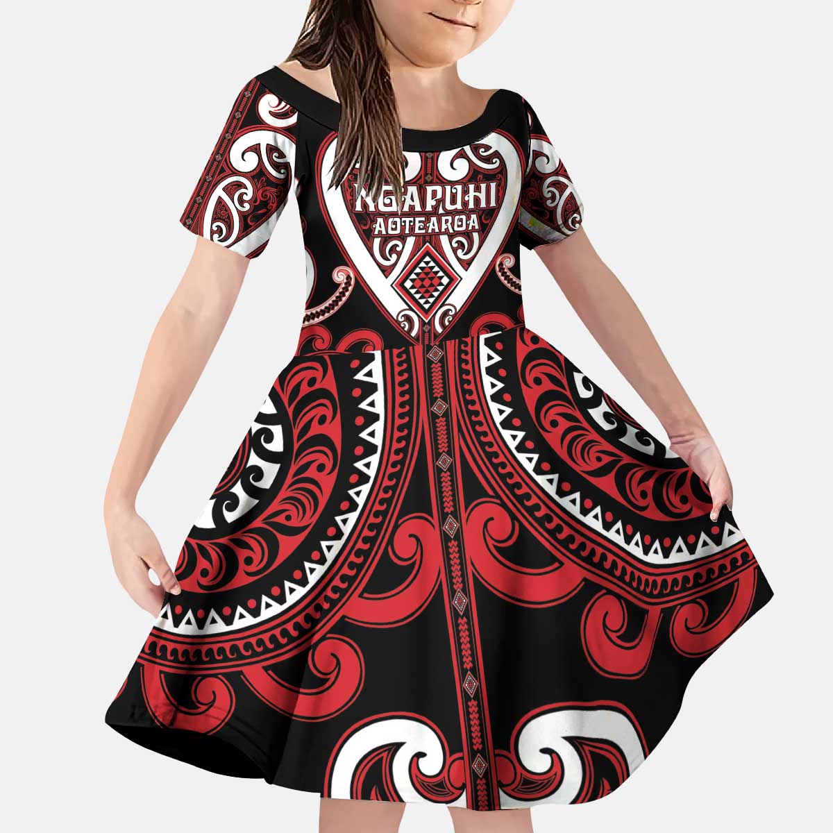 Custom Aotearoa Ngapuhi Kid Short Sleeve Dress Maori Tribal Pattern
