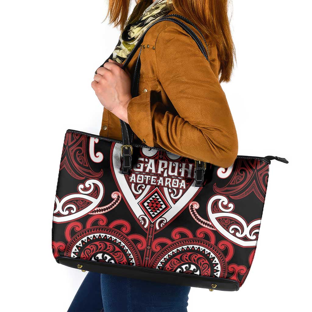 Aotearoa Ngapuhi Leather Tote Bag Maori Tribal Pattern LT05 Red - Polynesian Pride