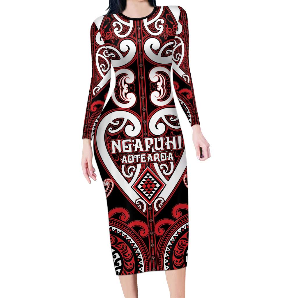 Custom Aotearoa Ngapuhi Long Sleeve Bodycon Dress Maori Tribal Pattern LT05 Long Dress Red - Polynesian Pride