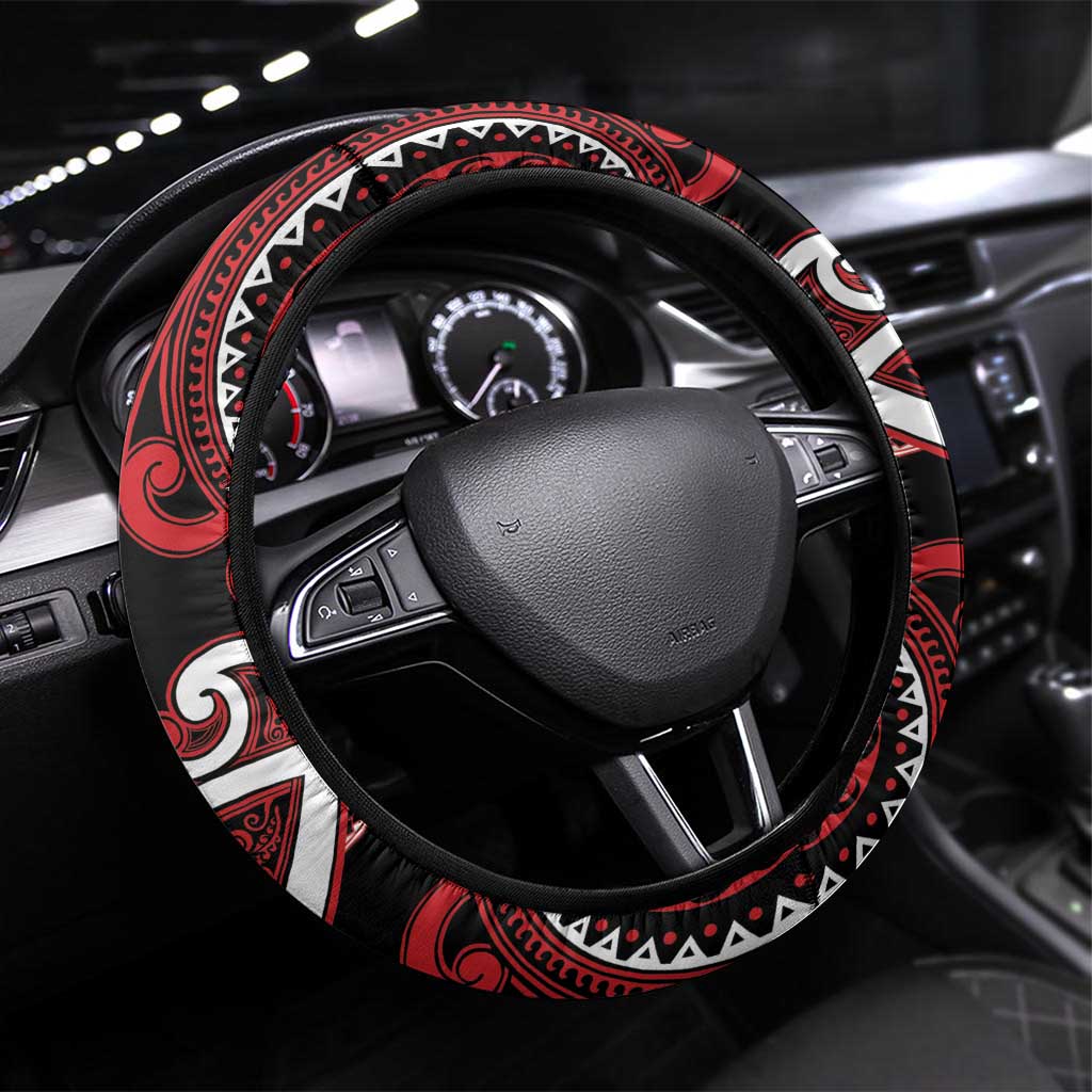Aotearoa Ngapuhi Steering Wheel Cover Maori Tribal Pattern LT05 Universal Fit Red - Polynesian Pride