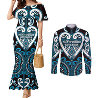 Custom Aotearoa Ngati Porou Couples Matching Mermaid Dress and Long Sleeve Button Shirt Maori Tribal Pattern LT05 Blue - Polynesian Pride