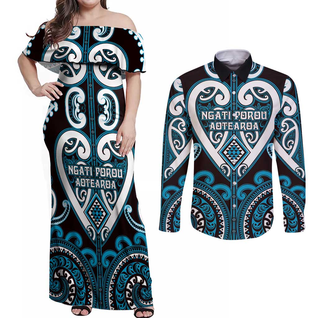 Custom Aotearoa Ngati Porou Couples Matching Off Shoulder Maxi Dress and Long Sleeve Button Shirt Maori Tribal Pattern LT05 Blue - Polynesian Pride