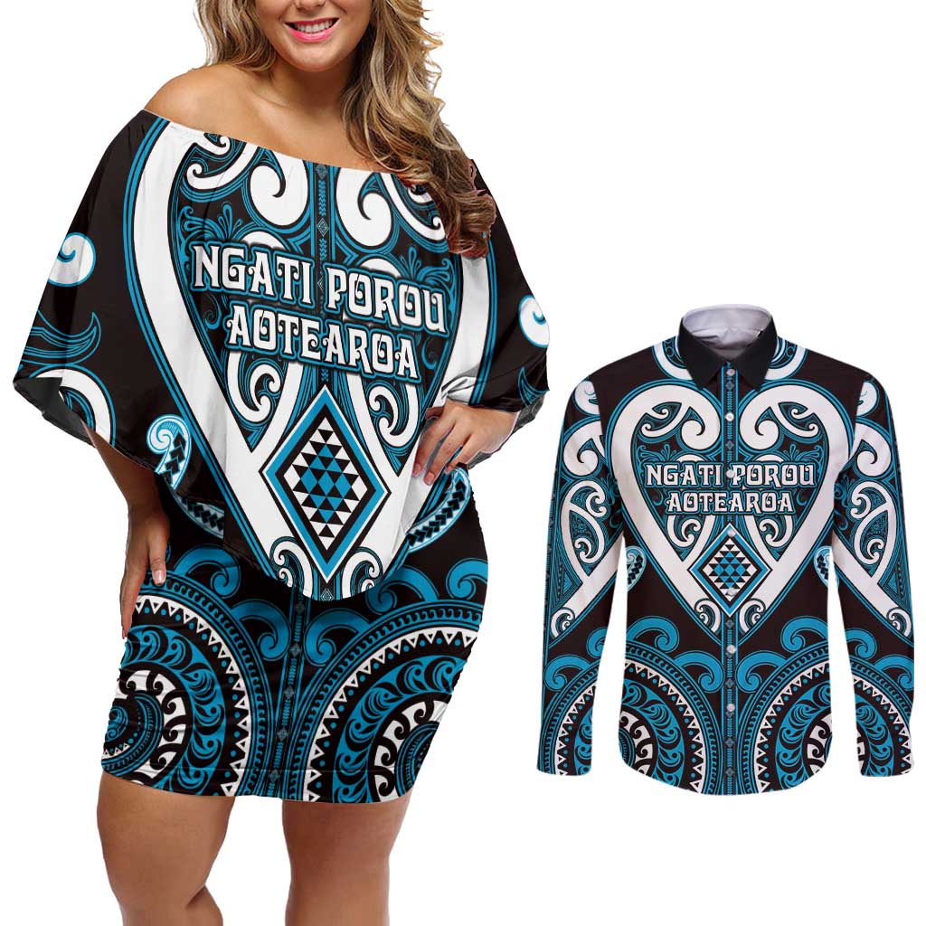 Custom Aotearoa Ngati Porou Couples Matching Off Shoulder Short Dress and Long Sleeve Button Shirt Maori Tribal Pattern LT05 Blue - Polynesian Pride