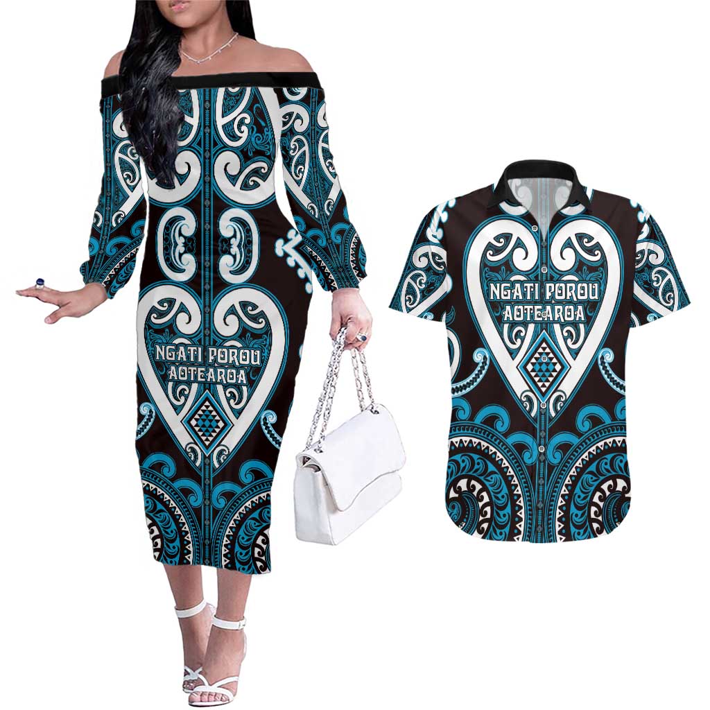 Custom Aotearoa Ngati Porou Couples Matching Off The Shoulder Long Sleeve Dress and Hawaiian Shirt Maori Tribal Pattern LT05 Blue - Polynesian Pride