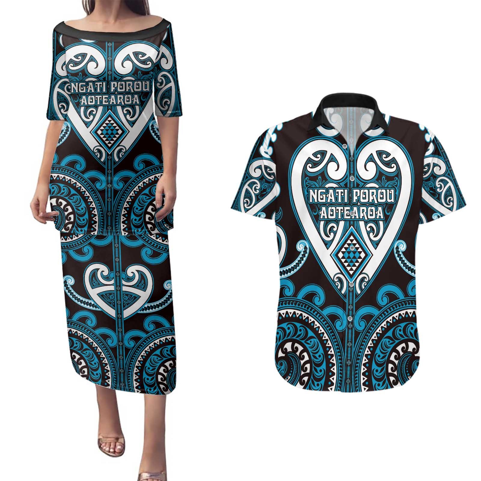 Custom Aotearoa Ngati Porou Couples Matching Puletasi and Hawaiian Shirt Maori Tribal Pattern LT05 Blue - Polynesian Pride