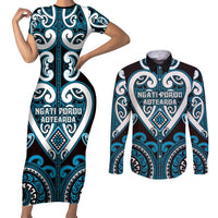 Custom Aotearoa Ngati Porou Couples Matching Short Sleeve Bodycon Dress and Long Sleeve Button Shirt Maori Tribal Pattern LT05 Blue - Polynesian Pride