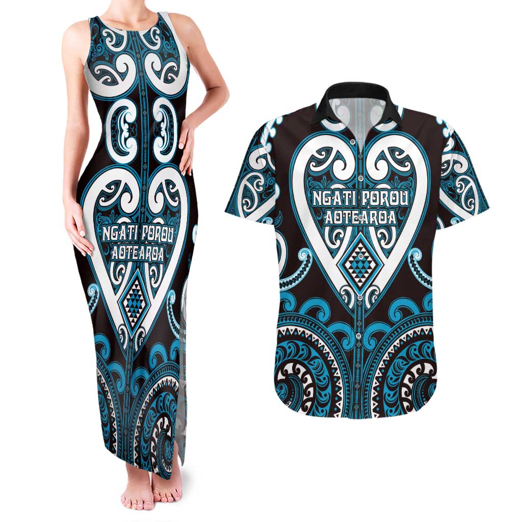 Custom Aotearoa Ngati Porou Couples Matching Tank Maxi Dress and Hawaiian Shirt Maori Tribal Pattern LT05 Blue - Polynesian Pride