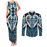 Custom Aotearoa Ngati Porou Couples Matching Tank Maxi Dress and Long Sleeve Button Shirt Maori Tribal Pattern LT05 Blue - Polynesian Pride