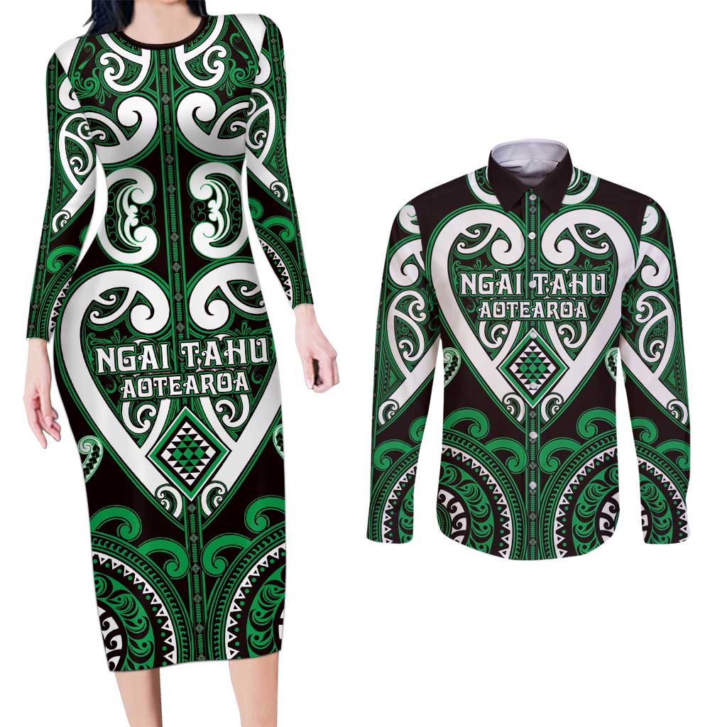 Custom Aotearoa Ngai Tahu Couples Matching Long Sleeve Bodycon Dress and Long Sleeve Button Shirt Maori Tribal Pattern LT05 Green - Polynesian Pride