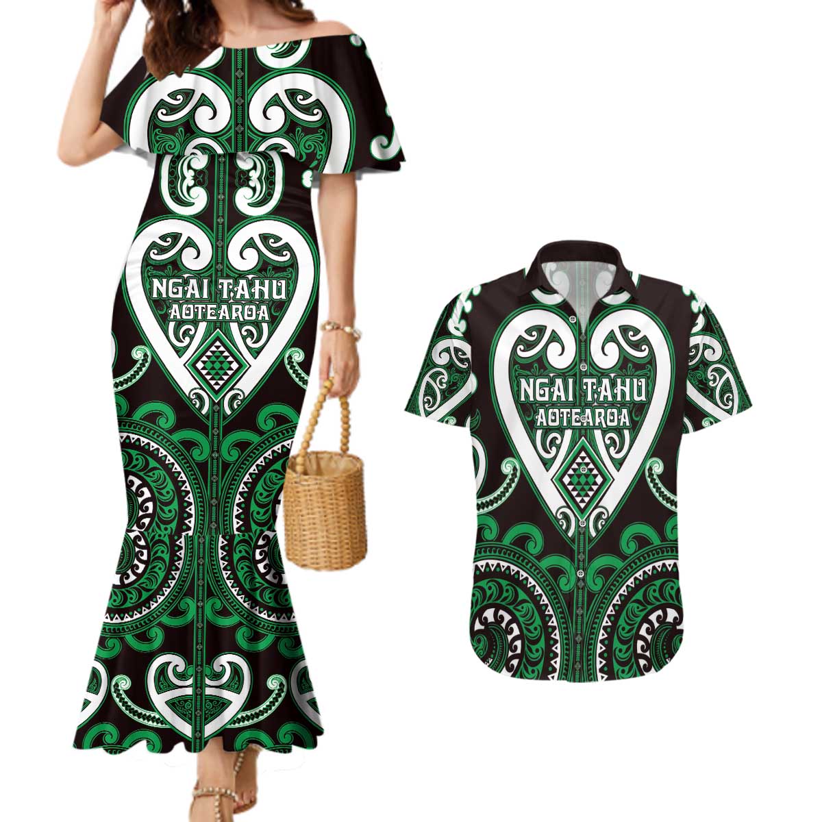 Custom Aotearoa Ngai Tahu Couples Matching Mermaid Dress and Hawaiian Shirt Maori Tribal Pattern LT05 Green - Polynesian Pride