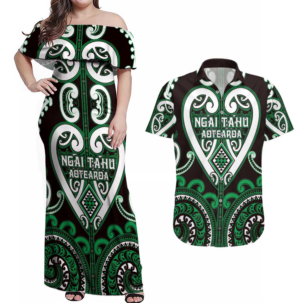 Custom Aotearoa Ngai Tahu Couples Matching Off Shoulder Maxi Dress and Hawaiian Shirt Maori Tribal Pattern LT05 Green - Polynesian Pride