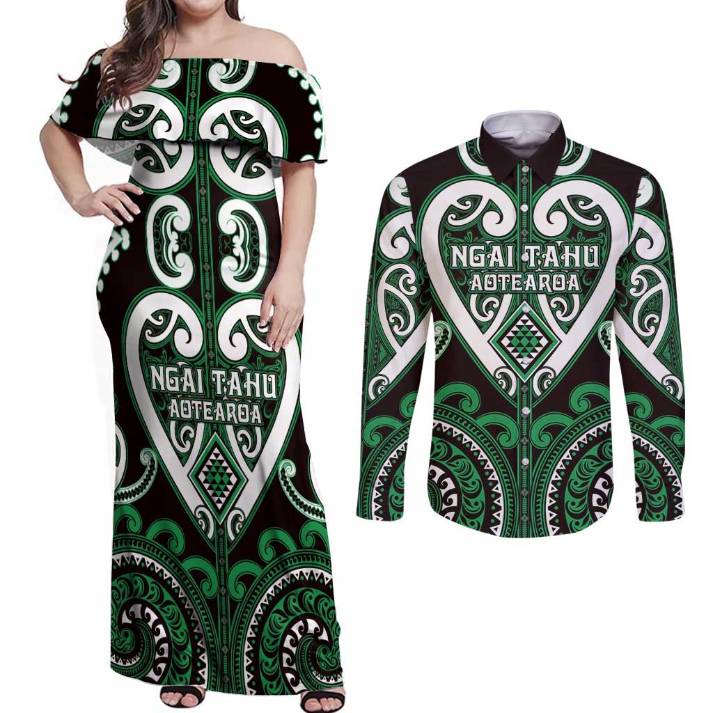 Custom Aotearoa Ngai Tahu Couples Matching Off Shoulder Maxi Dress and Long Sleeve Button Shirt Maori Tribal Pattern LT05 Green - Polynesian Pride