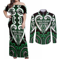 Custom Aotearoa Ngai Tahu Couples Matching Off Shoulder Maxi Dress and Long Sleeve Button Shirt Maori Tribal Pattern LT05 Green - Polynesian Pride