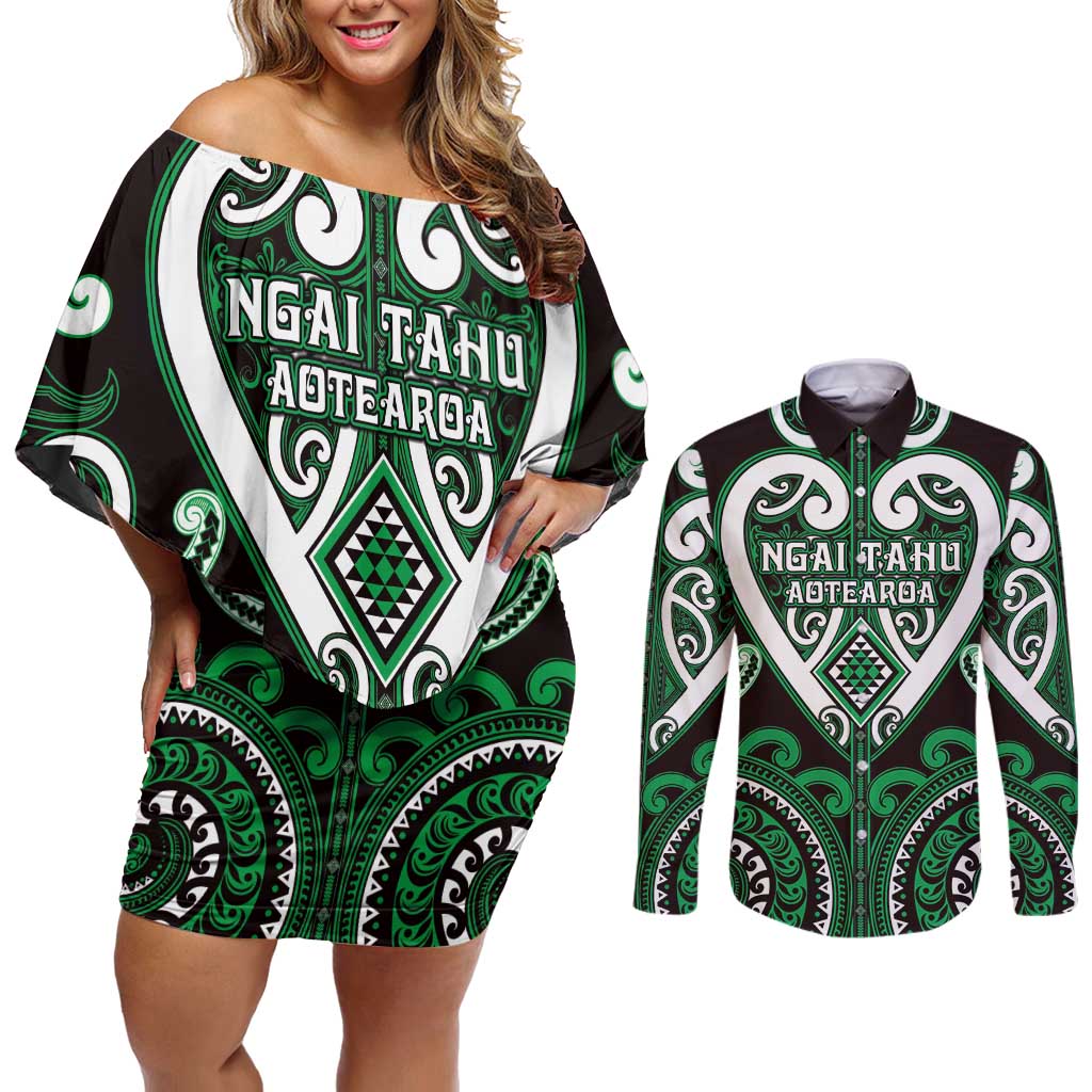 Custom Aotearoa Ngai Tahu Couples Matching Off Shoulder Short Dress and Long Sleeve Button Shirt Maori Tribal Pattern LT05 Green - Polynesian Pride