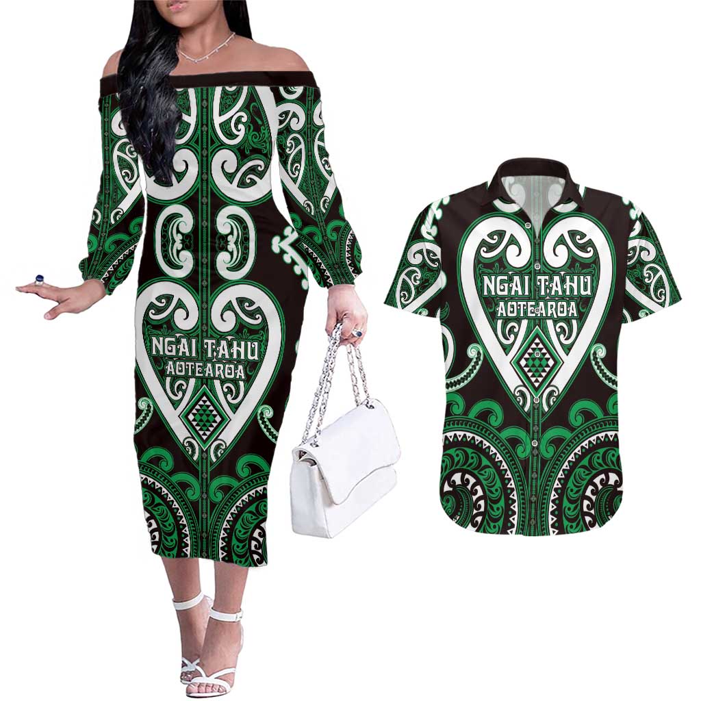 Custom Aotearoa Ngai Tahu Couples Matching Off The Shoulder Long Sleeve Dress and Hawaiian Shirt Maori Tribal Pattern LT05 Green - Polynesian Pride