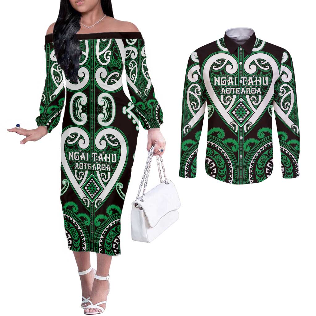 Custom Aotearoa Ngai Tahu Couples Matching Off The Shoulder Long Sleeve Dress and Long Sleeve Button Shirt Maori Tribal Pattern LT05 Green - Polynesian Pride