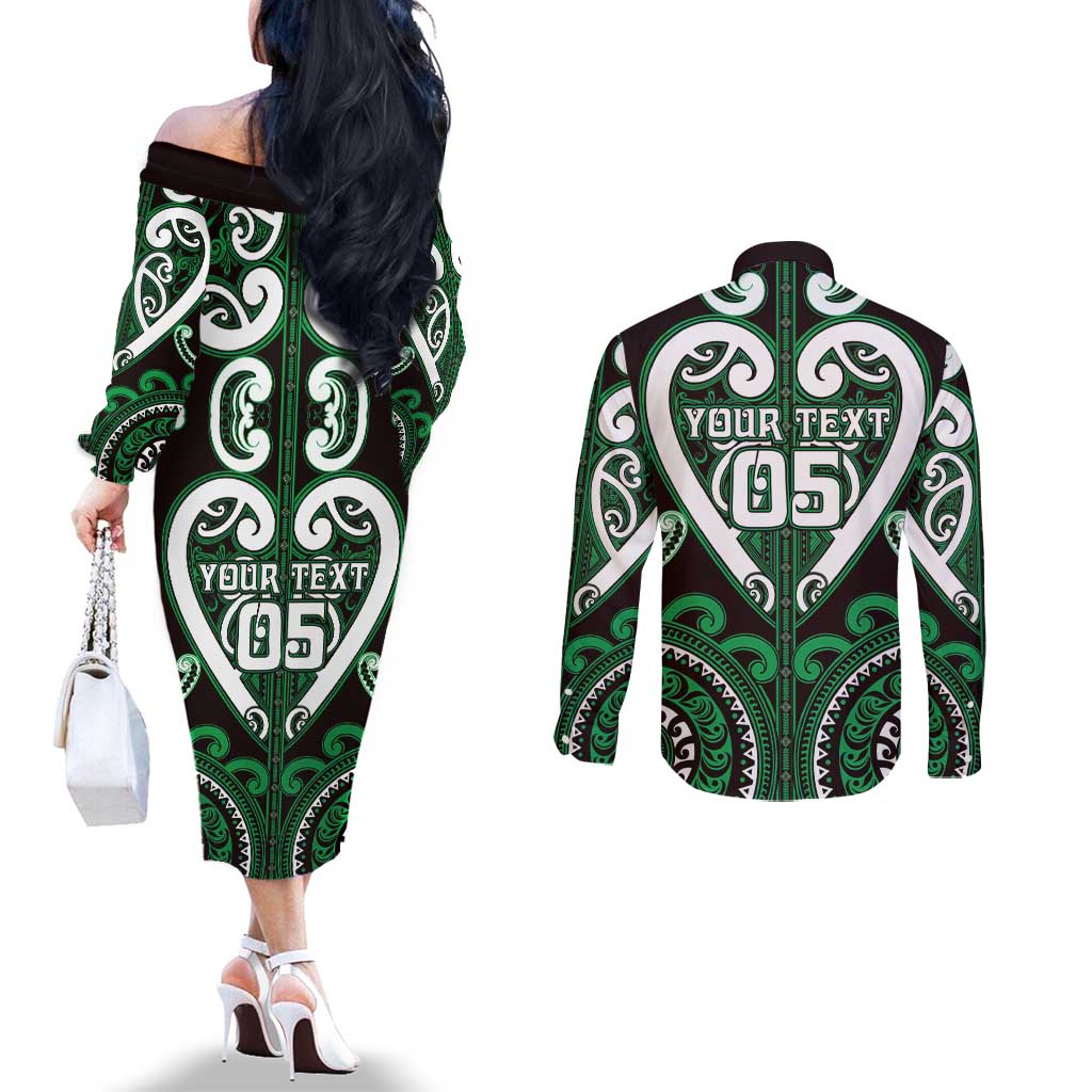 Custom Aotearoa Ngai Tahu Couples Matching Off The Shoulder Long Sleeve Dress and Long Sleeve Button Shirt Maori Tribal Pattern LT05 - Polynesian Pride