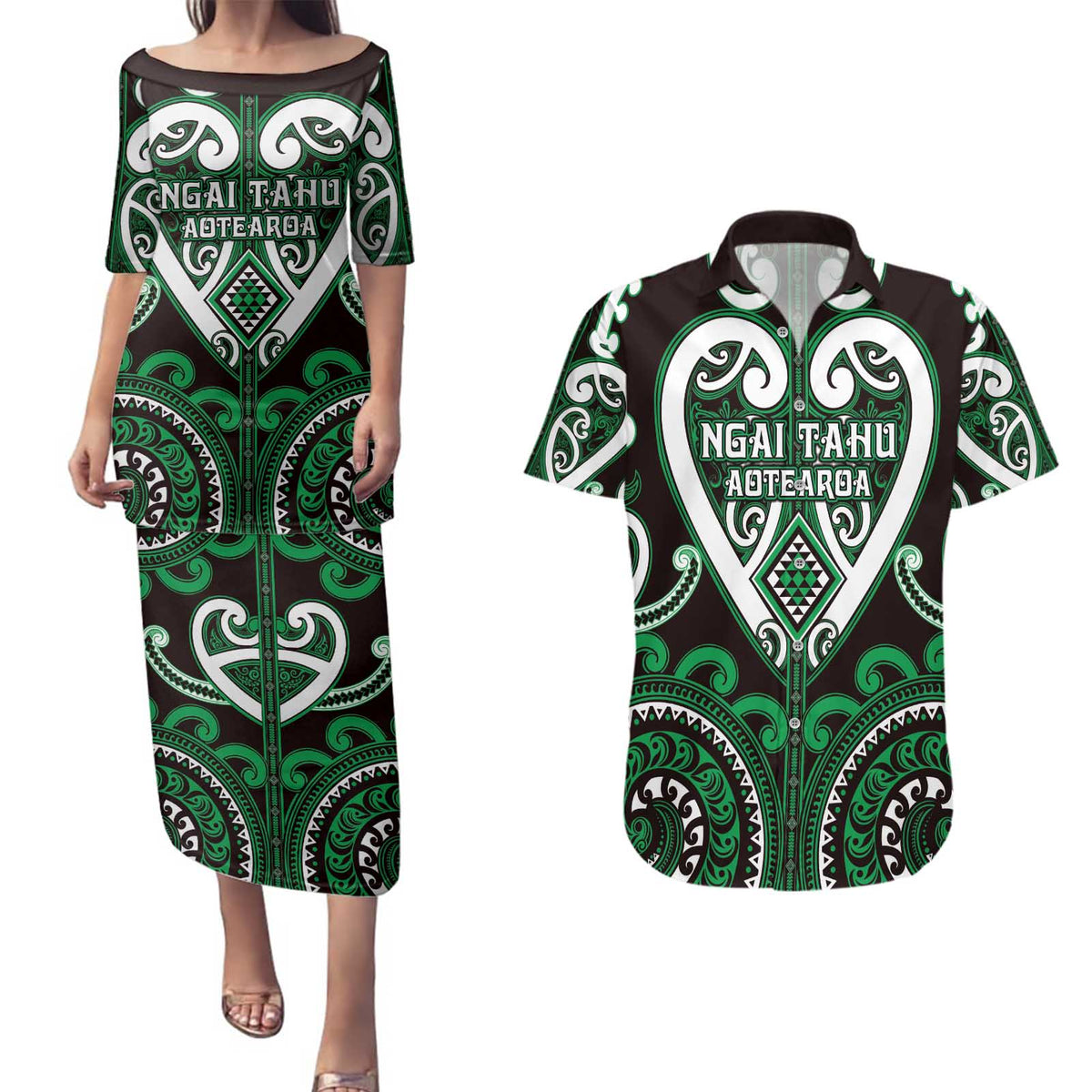 Custom Aotearoa Ngai Tahu Couples Matching Puletasi and Hawaiian Shirt Maori Tribal Pattern LT05 Green - Polynesian Pride