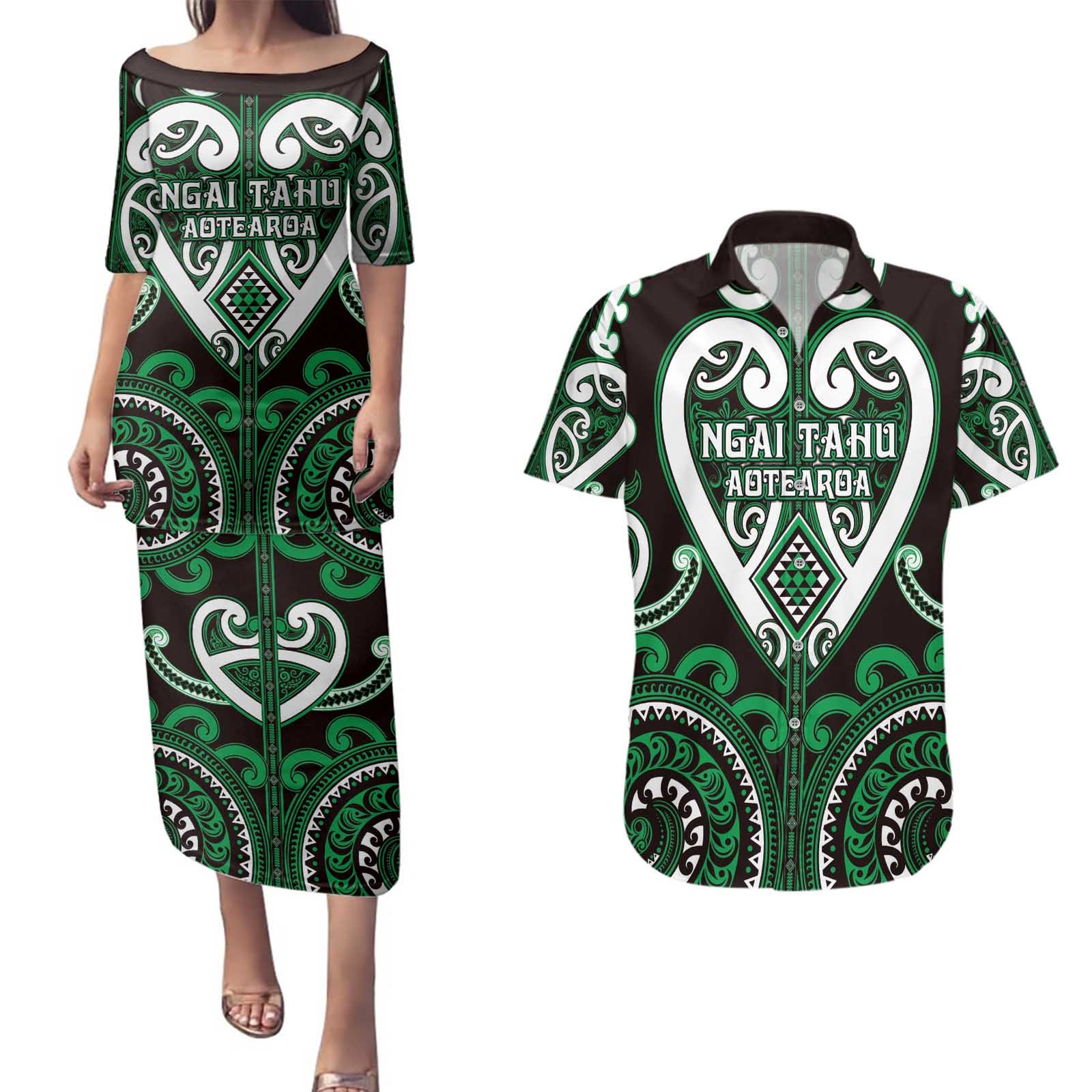 Custom Aotearoa Ngai Tahu Couples Matching Puletasi and Hawaiian Shirt Maori Tribal Pattern LT05 Green - Polynesian Pride