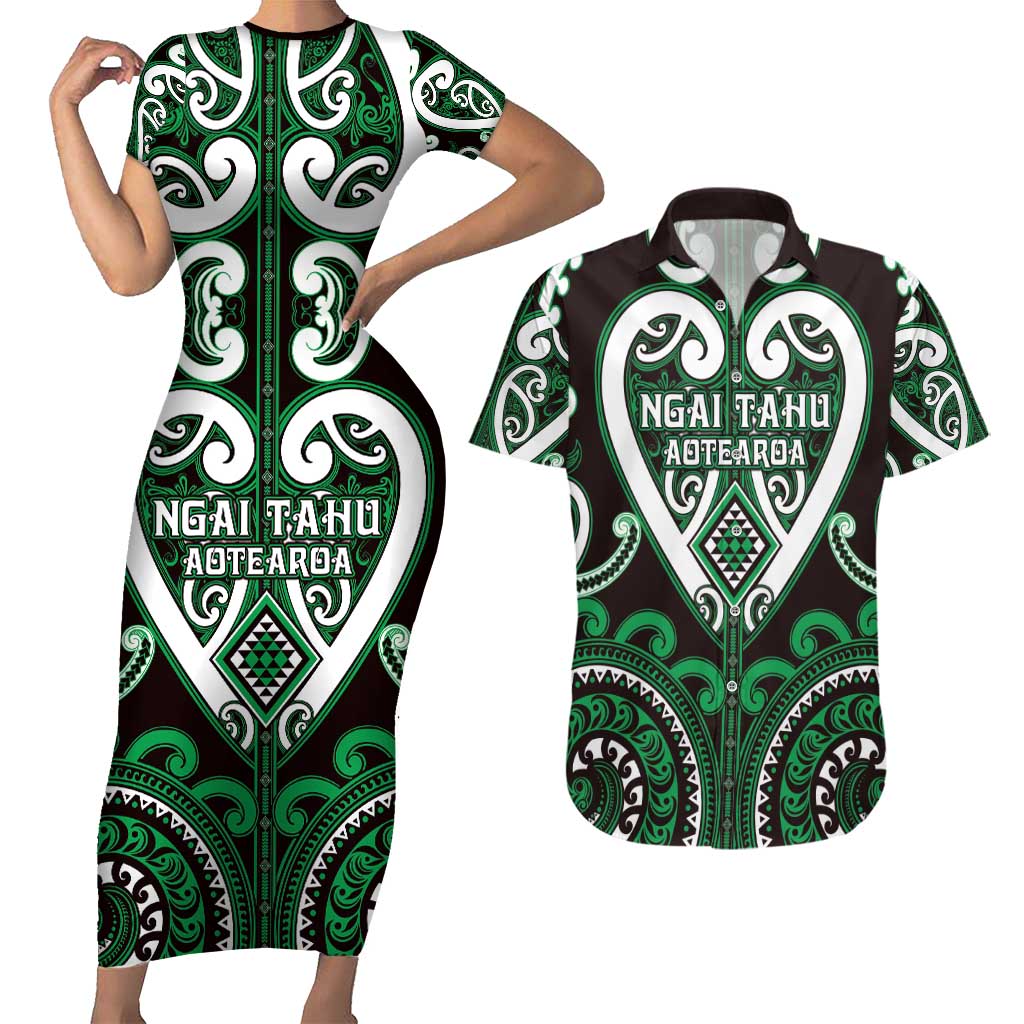 Custom Aotearoa Ngai Tahu Couples Matching Short Sleeve Bodycon Dress and Hawaiian Shirt Maori Tribal Pattern LT05 Green - Polynesian Pride