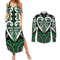 Custom Aotearoa Ngai Tahu Couples Matching Summer Maxi Dress and Long Sleeve Button Shirt Maori Tribal Pattern LT05 Green - Polynesian Pride