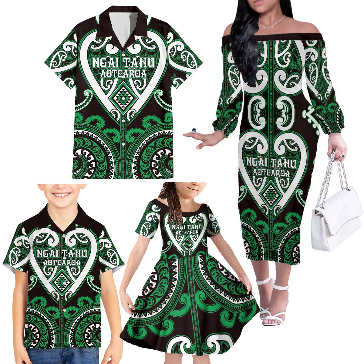 Custom Aotearoa Ngai Tahu Family Matching Off The Shoulder Long Sleeve Dress and Hawaiian Shirt Maori Tribal Pattern LT05 - Polynesian Pride