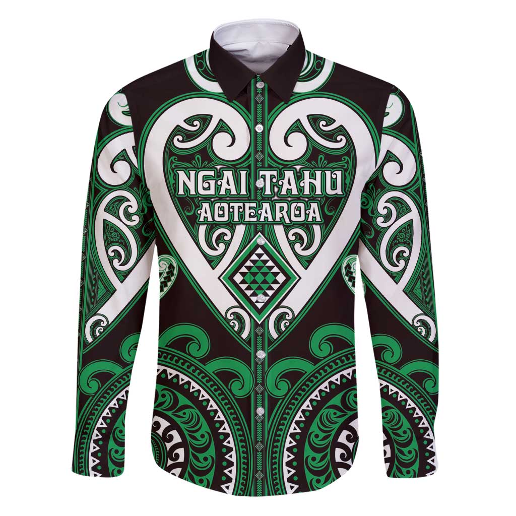 Custom Aotearoa Ngai Tahu Family Matching Puletasi and Hawaiian Shirt Maori Tribal Pattern LT05 Dad's Shirt - Long Sleeve Green - Polynesian Pride