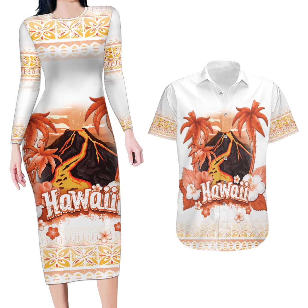 Hawaiian Volcano Lava Flow Couples Matching Long Sleeve Bodycon Dress and Hawaiian Shirt With Hawaiian Tapa Pattern LT05 Orange - Polynesian Pride