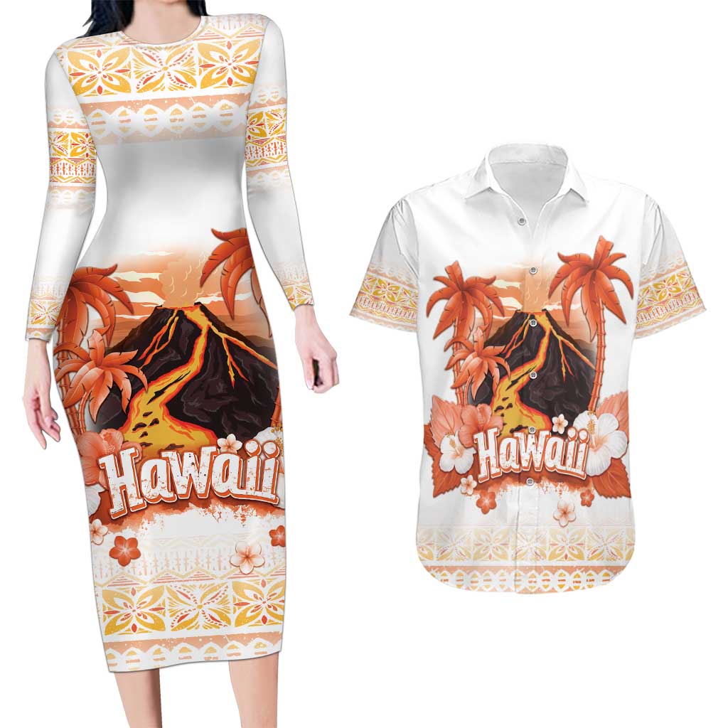 Hawaiian Volcano Lava Flow Couples Matching Long Sleeve Bodycon Dress and Hawaiian Shirt With Hawaiian Tapa Pattern