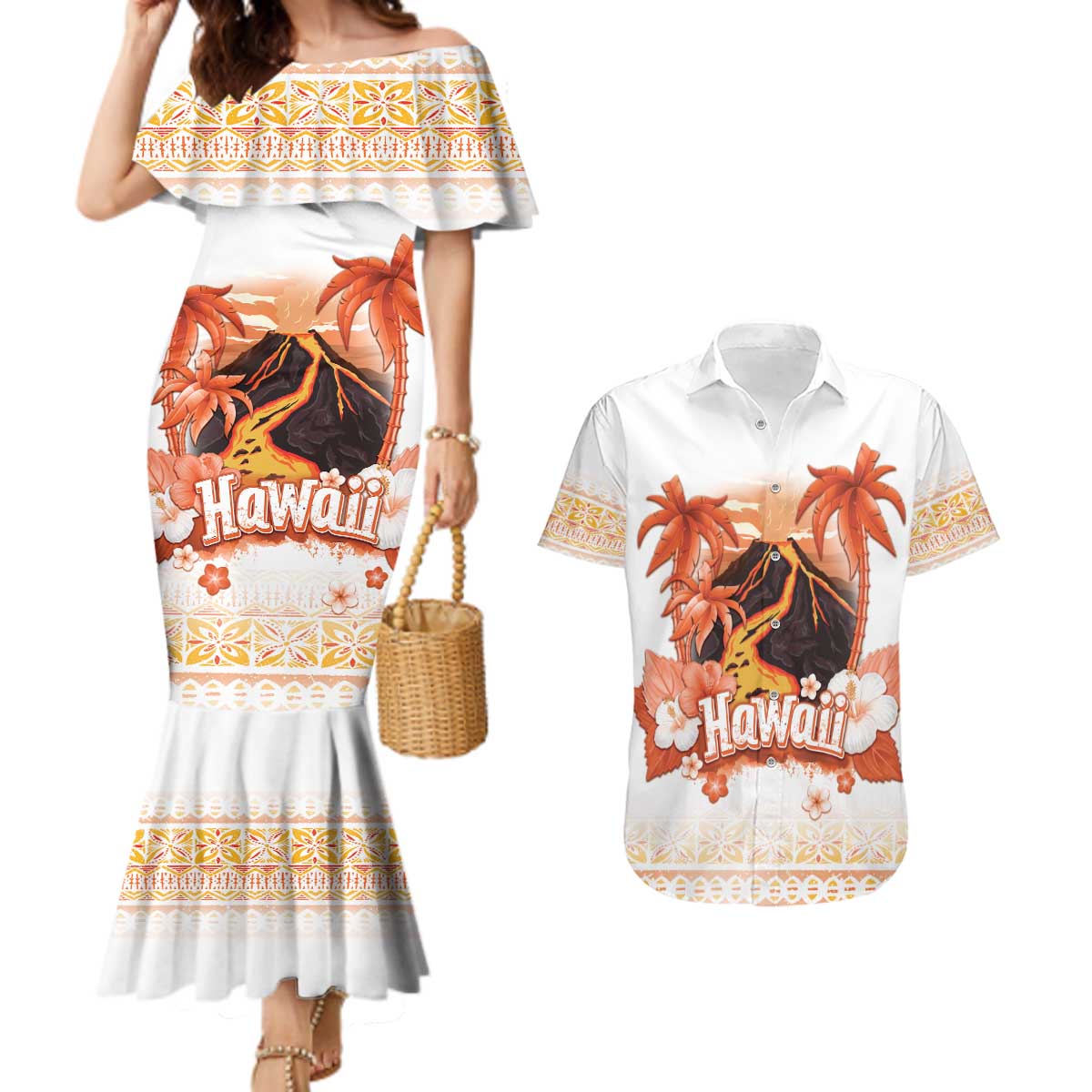 Hawaiian Volcano Lava Flow Couples Matching Mermaid Dress and Hawaiian Shirt With Hawaiian Tapa Pattern