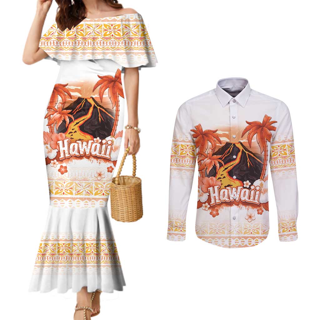 Hawaiian Volcano Lava Flow Couples Matching Mermaid Dress and Long Sleeve Button Shirt With Hawaiian Tapa Pattern LT05 Orange - Polynesian Pride
