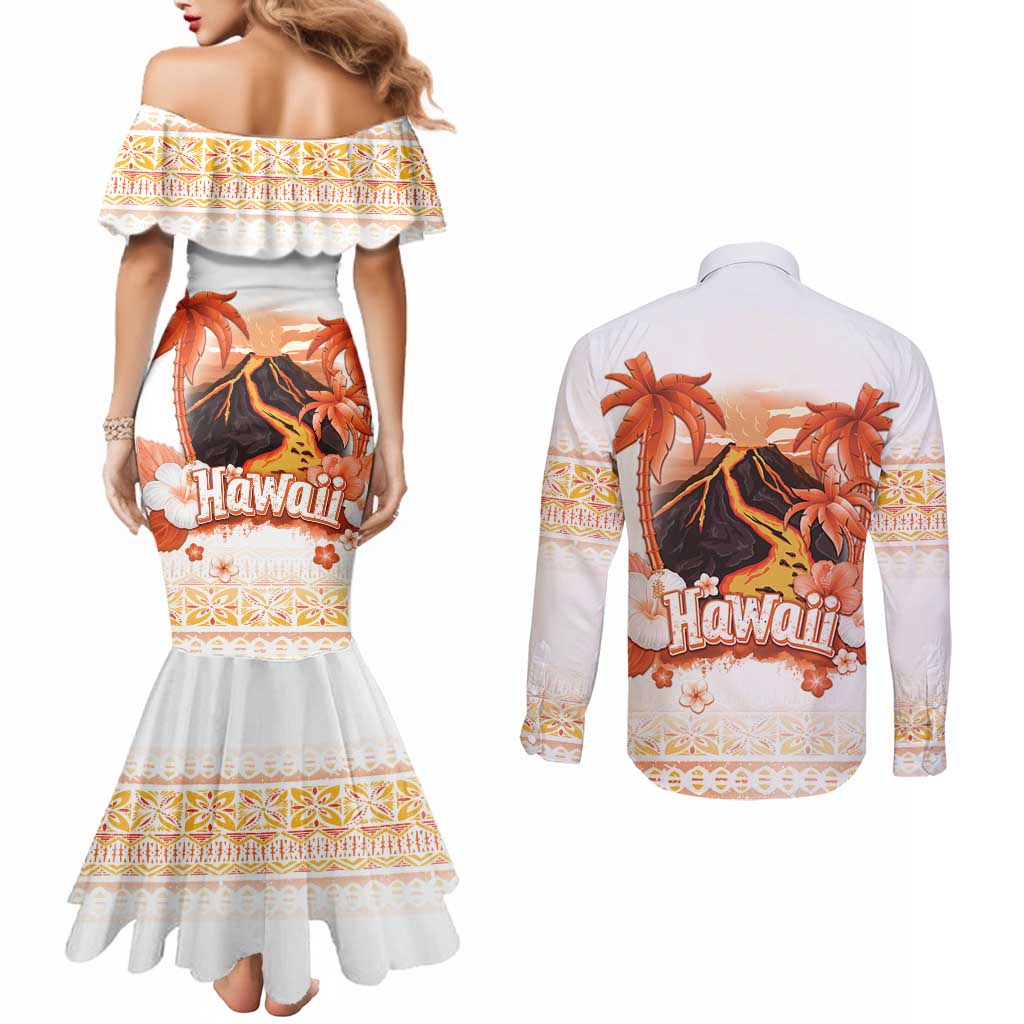 Hawaiian Volcano Lava Flow Couples Matching Mermaid Dress and Long Sleeve Button Shirt With Hawaiian Tapa Pattern LT05 - Polynesian Pride