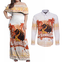 Hawaiian Volcano Lava Flow Couples Matching Off Shoulder Maxi Dress and Long Sleeve Button Shirt With Hawaiian Tapa Pattern LT05 Orange - Polynesian Pride
