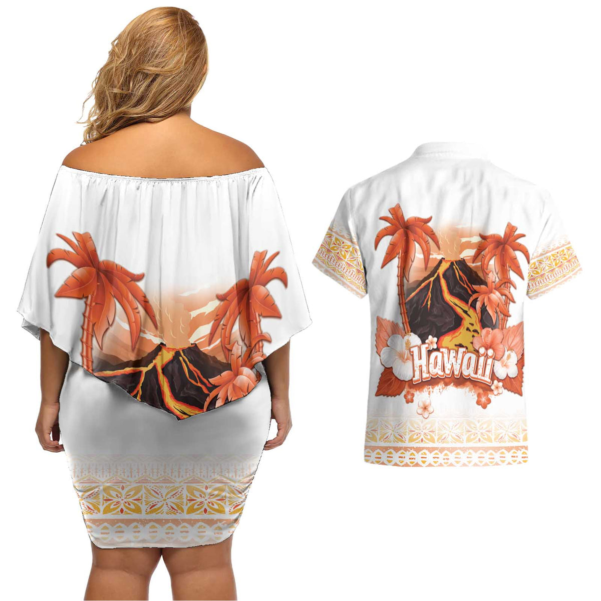 Hawaiian Volcano Lava Flow Couples Matching Off Shoulder Short Dress and Hawaiian Shirt With Hawaiian Tapa Pattern LT05 - Polynesian Pride