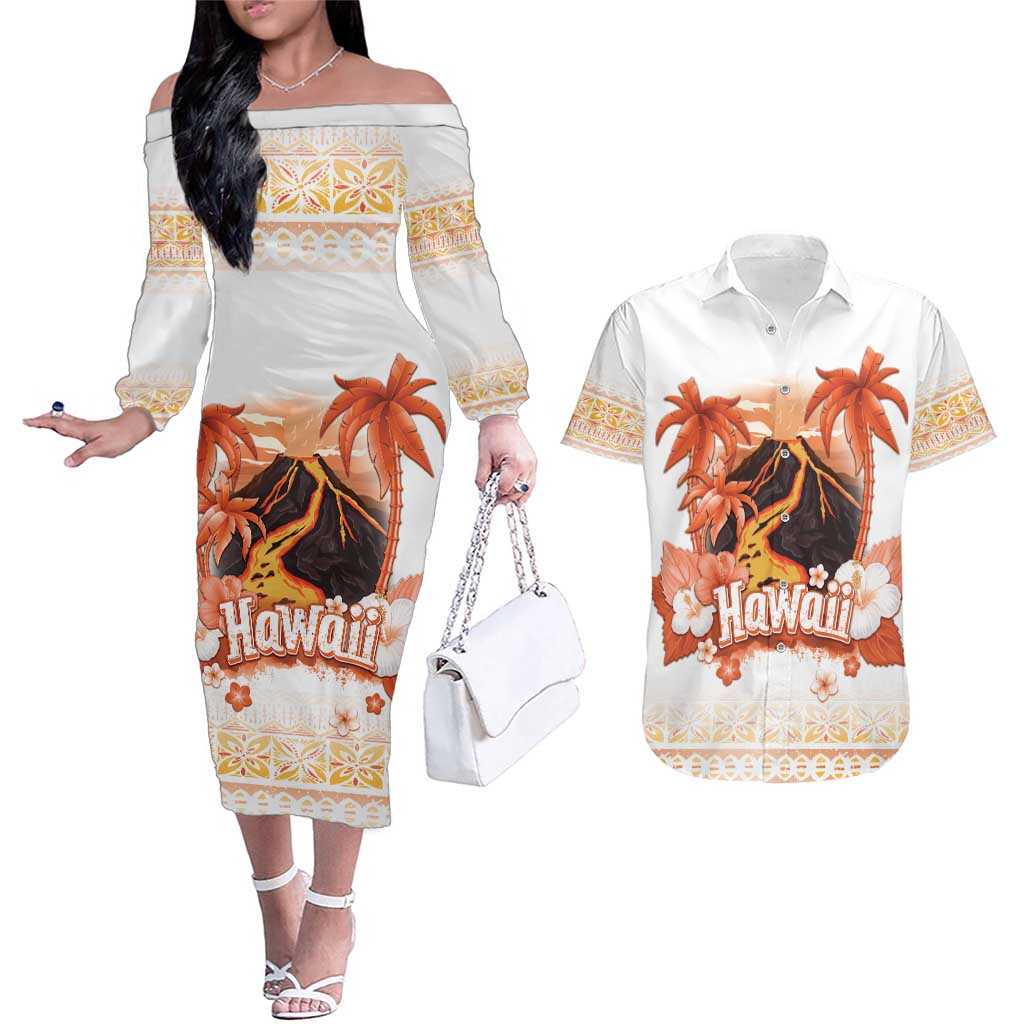 Hawaiian Volcano Lava Flow Couples Matching Off The Shoulder Long Sleeve Dress and Hawaiian Shirt With Hawaiian Tapa Pattern